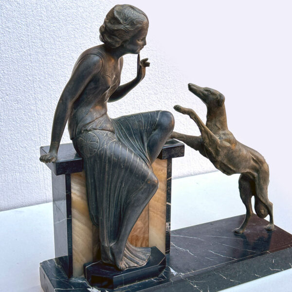 Art Deco Centrepiece La Reprimande Lady With Greyhound On Onyx and Marble Base C1930