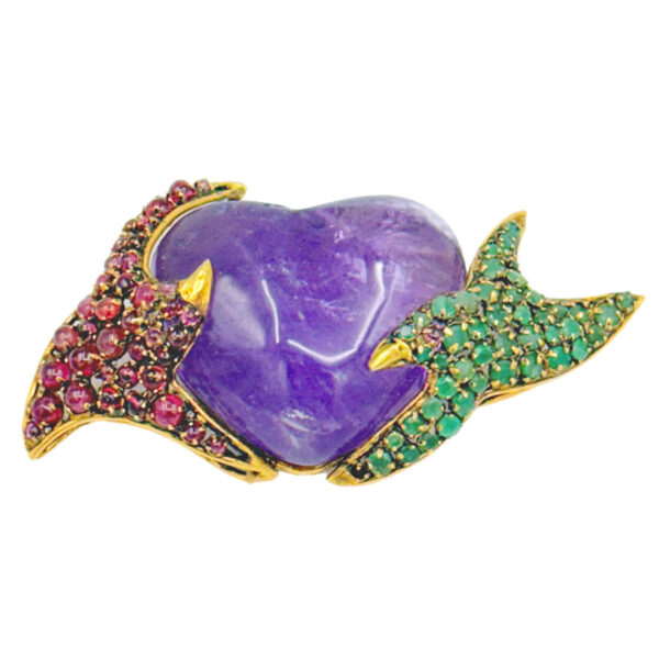 Large Iradj Moini Heart Amethyst Ruby and Emerald Brooch