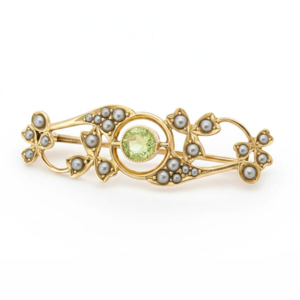 Edwardian 15ct Gold Peridot & Seed Pearl Brooch c1900