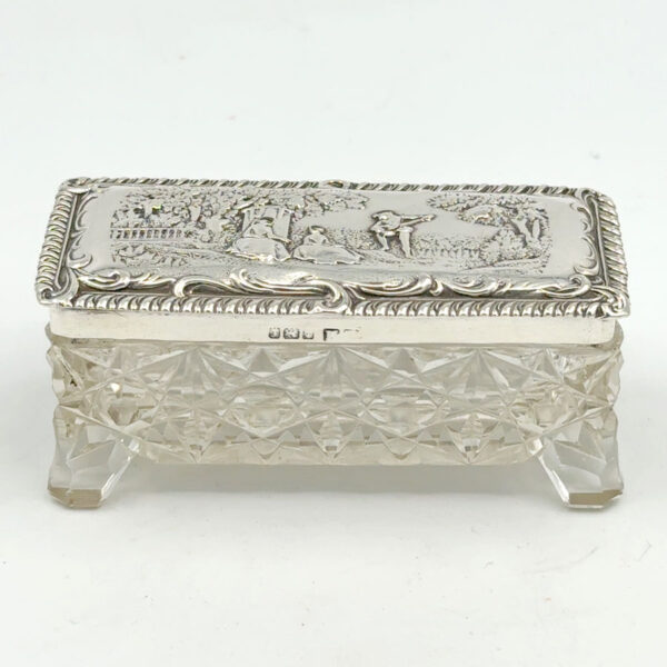 Hallmarked Silver and Glass Embossed Garden Scene Trinket Box Birmingham 1905