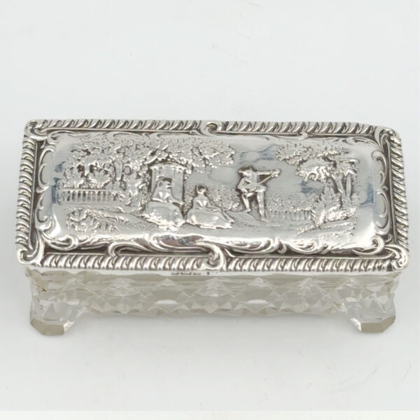 Hallmarked Silver and Glass Embossed Garden Scene Trinket Box Birmingham 1905