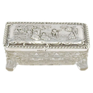 Hallmarked-Silver-and-Glass-Embossed-Garden-Scene-Trinket-Box-Birmingham-1905 Hallmarked Silver and Glass Embossed Garden Scene Trinket Box Birmingham 1905