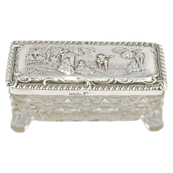 Hallmarked Silver and Glass Embossed Garden Scene Trinket Box Birmingham 1905