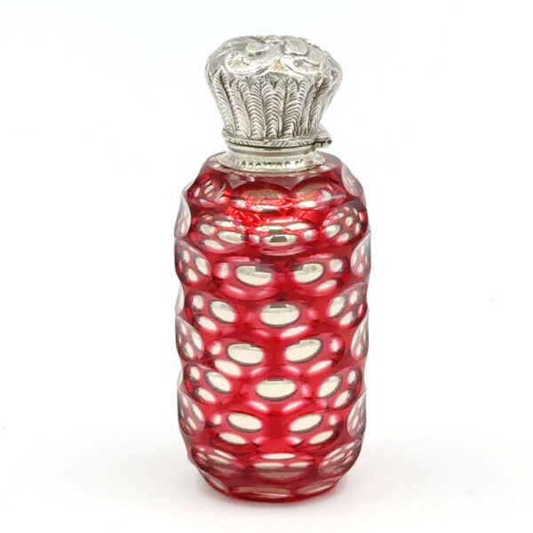Victorian-Bohemian-Cranberry-Overlay-Glass-Perfume-Bottle-Silver-Top-2 Victorian Bohemian Cranberry Overlay Glass Perfume Bottle Silver Top