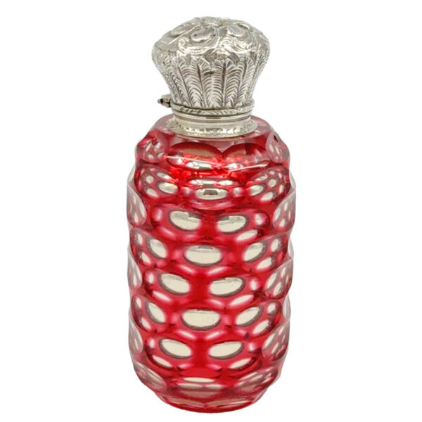 Victorian-Bohemian-Cranberry-Overlay-Glass-Perfume-Bottle-Silver-Top Victorian Bohemian Cranberry Overlay Glass Perfume Bottle Silver Top