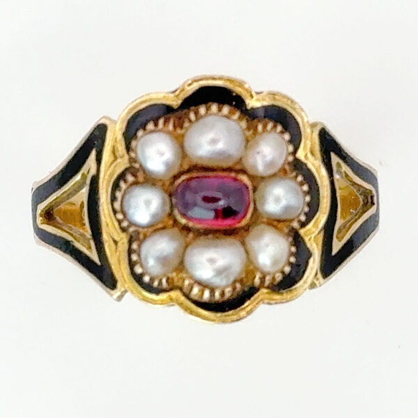 18ct Gold Georgian Style Enamel Pearl and Ruby Remberance Ring London 1933