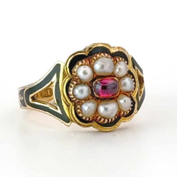 18ct Gold Georgian Style Enamel Pearl and Ruby Remberance Ring London 1933