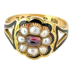 18ct Gold Georgian Style Enamel Pearl and Ruby Remberance Ring London 1933