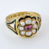 18ct Gold Georgian Style Enamel Pearl and Ruby Remberance Ring London 1933