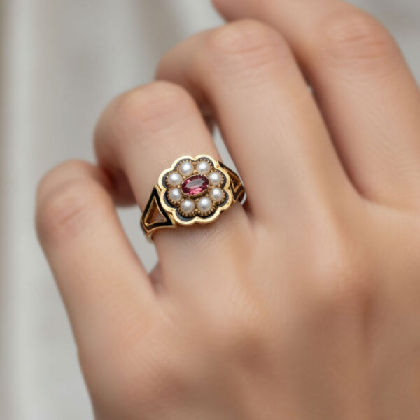 18ct Gold Georgian Style Enamel Pearl and Ruby Remberance Ring London 1933