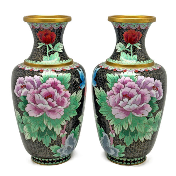 Pair-Chinese-Cloisonné-Peony-Vases-20th Pair Chinese Cloisonné Peony Vases 20th