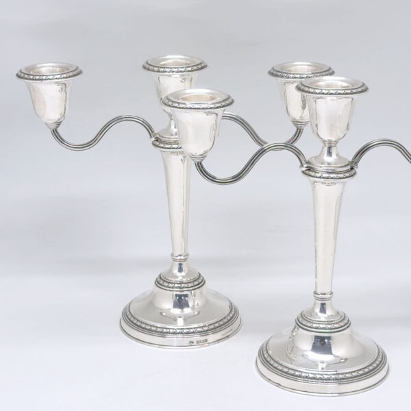 Pair-Three-Arm-Silver-Candlesticks-Birmingham-Silver-1979-2 Pair Three Arm Silver Candlesticks Birmingham Silver 1979