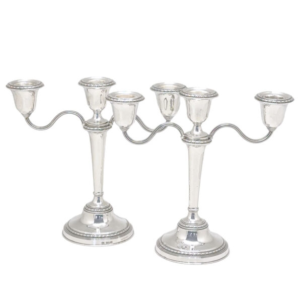Pair-Three-Arm-Silver-Candlesticks-Birmingham-Silver-1979 Pair Three Arm Silver Candlesticks Birmingham Silver 1979