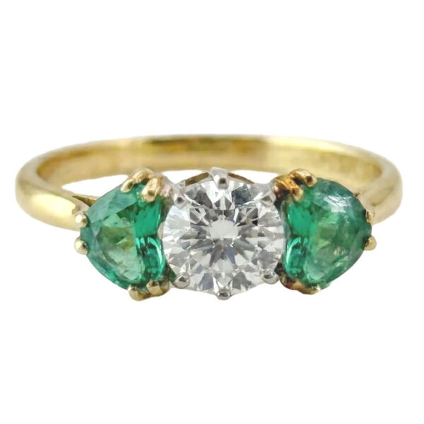 18-Ct-Gold-Heart-Shaped-Emeralds-and-Diamond-Trilogy-Ring 18ct Gold Heart Shaped Emeralds and Diamond Trilogy Ring
