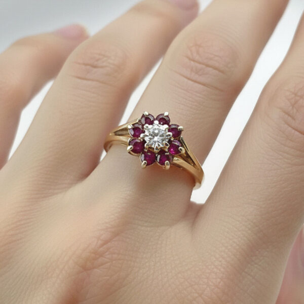 9ct-Garnet-Victorian-Flower-Ring-4 9ct Garnet Diamond Victorian Daisy Flower Ring