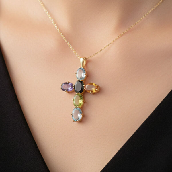 9ct-Gold-Multi-Gemstones-Crucifix-Pendant-4 9ct Gold Multi Gemstones Crucifix Pendant