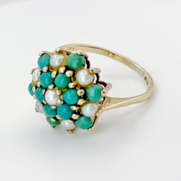 9ct Gold Turquoise & Pearl Cluster Ring