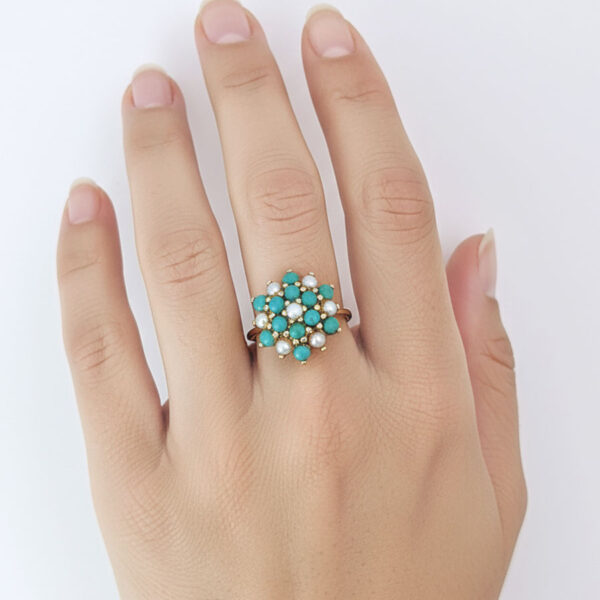 9ct Gold Turquoise & Pearl Cluster Ring