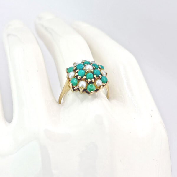 9ct Gold Turquoise & Pearl Cluster Ring
