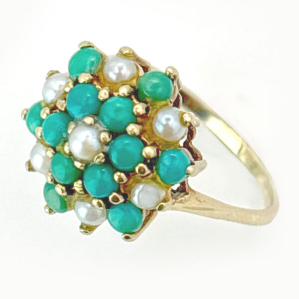 9ct Gold Turquoise & Pearl Cluster Ring