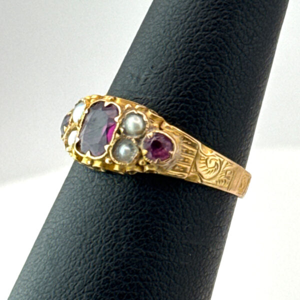 Victorian-15Ct-Gold-Garnet-and-Split-Pearl-Ring-Birmingham-2 15ct Gold Victorian Ring with Garnet and Split Pearl, Birmingham