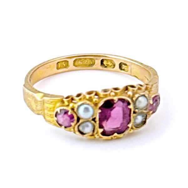 Victorian-15Ct-Gold-Garnet-and-Split-Pearl-Ring-Birmingham-4 15ct Gold Victorian Ring with Garnet and Split Pearl, Birmingham