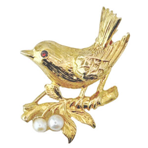 Victorian 9ct Gold Garnet Eyed Bird On Branch With Pearl Brooch
