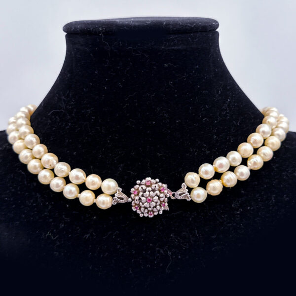 Cultured-Double-Strand-Pearl-Necklace-18ct-Gold-Ruby-Set-Clasp-3 Cultured Double Strand Pearl Necklace 18ct Gold Ruby Set Clasp