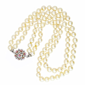 Cultured Double Strand Pearl Necklace 18ct Gold Ruby Set Clasp