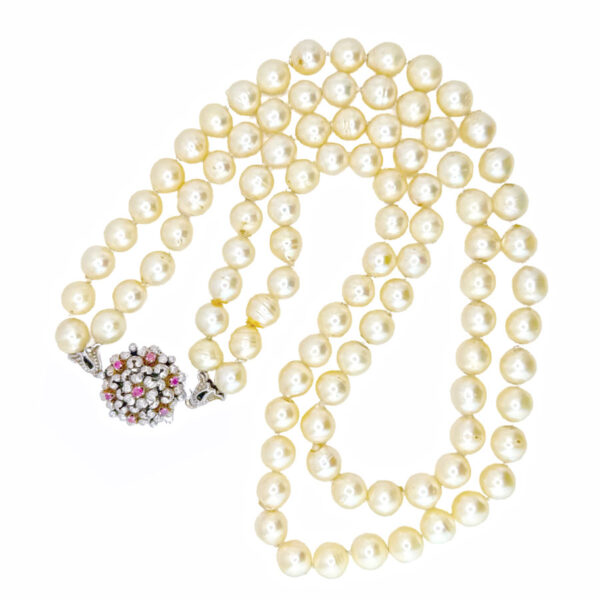 Cultured-Double-Strand-Pearl-Necklace-18ct-Gold-Ruby-Set-Clasp Cultured Double Strand Pearl Necklace 18ct Gold Ruby Set Clasp