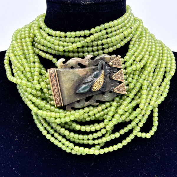 Nephrite-Spinach-Jade-Bead-Bracelet-With-9ct-Gold-Spacers-and-Clasp-2 Nephrite Spinach Jade Bead Opera Length Necklace With 9ct Gold Mounts