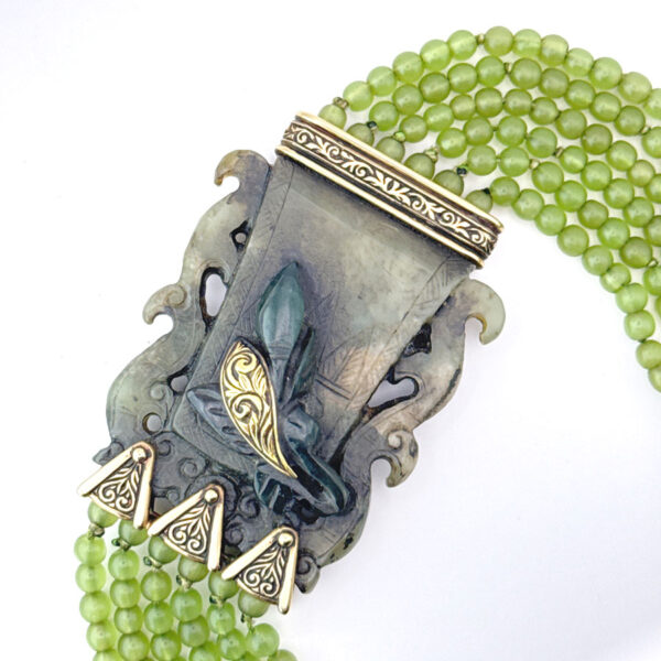 Nephrite-Spinach-Jade-Bead-Bracelet-With-9ct-Gold-Spacers-and-Clasp-4 Nephrite Spinach Jade Bead Opera Length Necklace With 9ct Gold Mounts