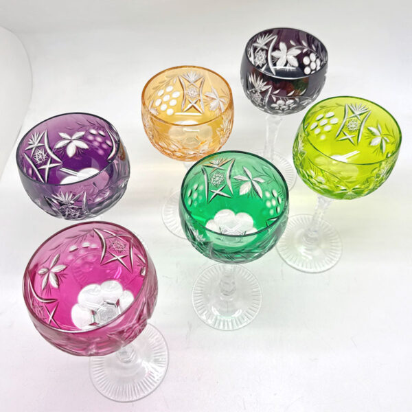 Set of Six Multi Coloured Bohemian Crystal Wine Glasses