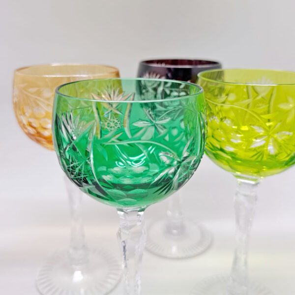 Set of Six Multi Coloured Bohemian Crystal Wine Glasses
