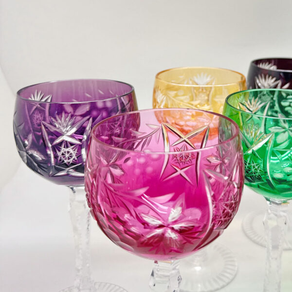 Set of Six Multi Coloured Bohemian Crystal Wine Glasses
