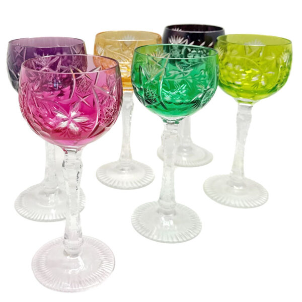 Set of Six Multi Coloured Bohemian Crystal Wine Glasses