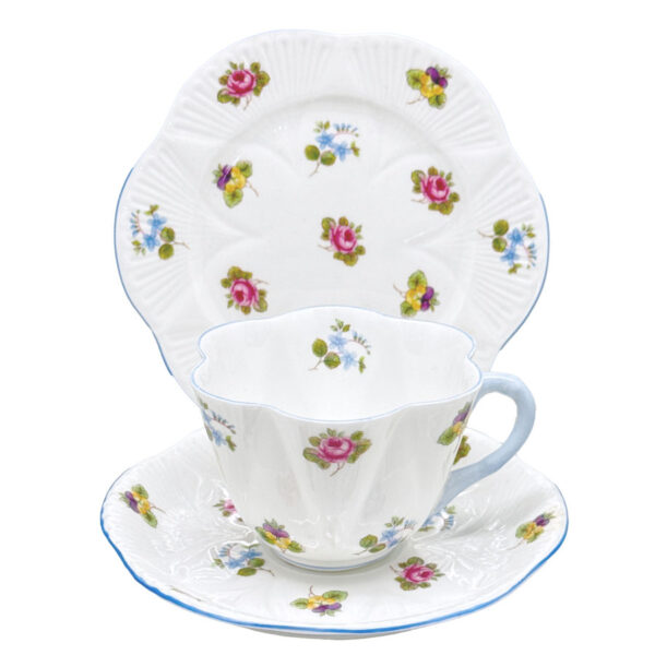 Shelley-Rosebud-Dainty-Shape-Tea-Trio-Blue-Trim Shelley Rosebud Dainty Shape Tea Trio Blue Trim