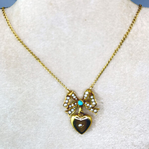 Edwardian 9ct Gold Turquoise & Seed Pearl Heart and Bow Pendant On Chain