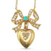Edwardian 9ct Gold Turquoise & Seed Pearl Heart and Bow Pendant On Chain