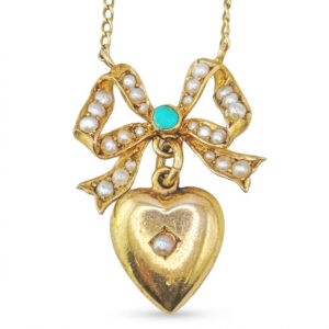 Edwardian 9ct Gold Turquoise & Seed Pearl Heart and Bow Pendant On Chain