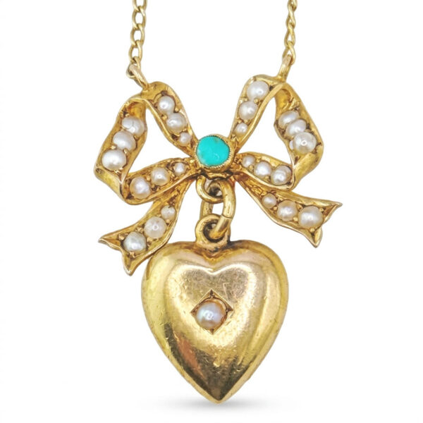 Edwardian 9ct Gold Turquoise & Seed Pearl Heart and Bow Pendant On Chain