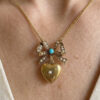 Edwardian 9ct Gold Turquoise & Seed Pearl Heart and Bow Pendant On Chain