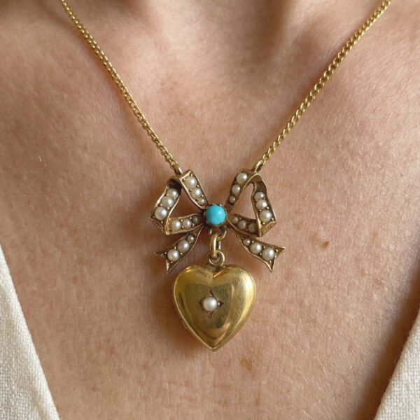 Edwardian 9ct Gold Turquoise & Seed Pearl Heart and Bow Pendant On Chain