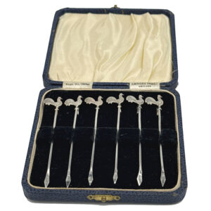 Hallmarked-Silver-Boxed-Set-Rooster-Cocktail-Sticks-Birmingham-1936-Art-Deco Hallmarked Silver Boxed Set Rooster Cocktail Sticks Birmingham 1936 Art Deco