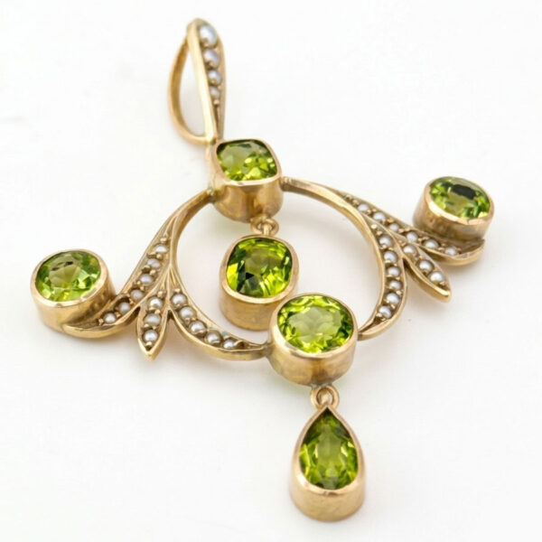 9ct Art Nouveau Gold Victorian Seed Pearl and Peridot Pendant