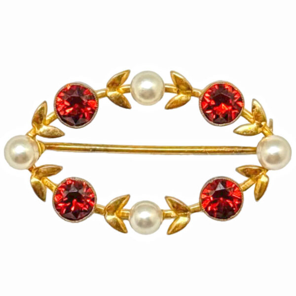 9ct Gold Garnet and Akoya Pearl Oval Brooch C1890