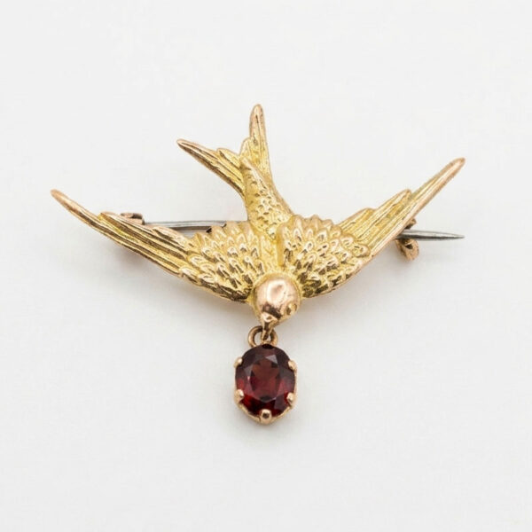 9ct Gold Swallow Brooch With Garnet Drop