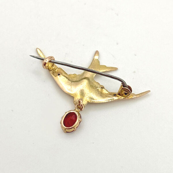 9ct Gold Swallow Brooch With Garnet Drop