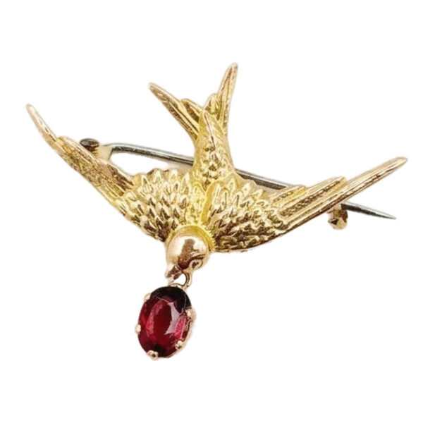 9ct Gold Swallow Brooch With Garnet Drop