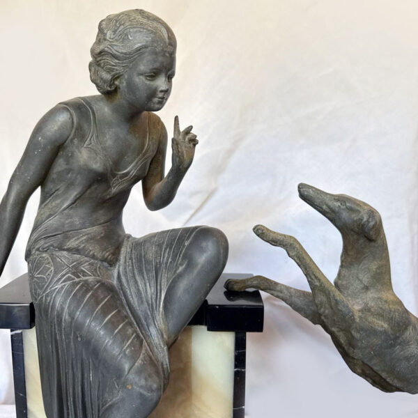Art-Deco-Centrepiece-La-Reprimande-Lady-With-Greyhound-On-Onyx-and-Marble-Base-C1930-1 Art Deco Centrepiece La Reprimande Lady With Greyhound On Onyx and Marble Base C1930